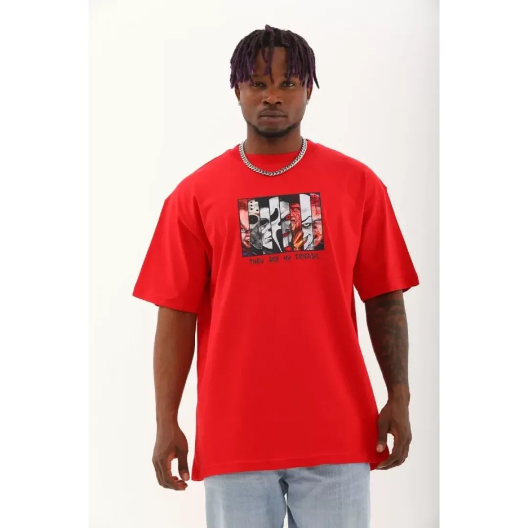 Unisex Oversize Baskılı Bisiklet Yaka T-Shirt - Kırmızı - 93318 Unisex Oversize Baskılı Bisiklet Yaka T-Shirt - Kırmızı - 93318