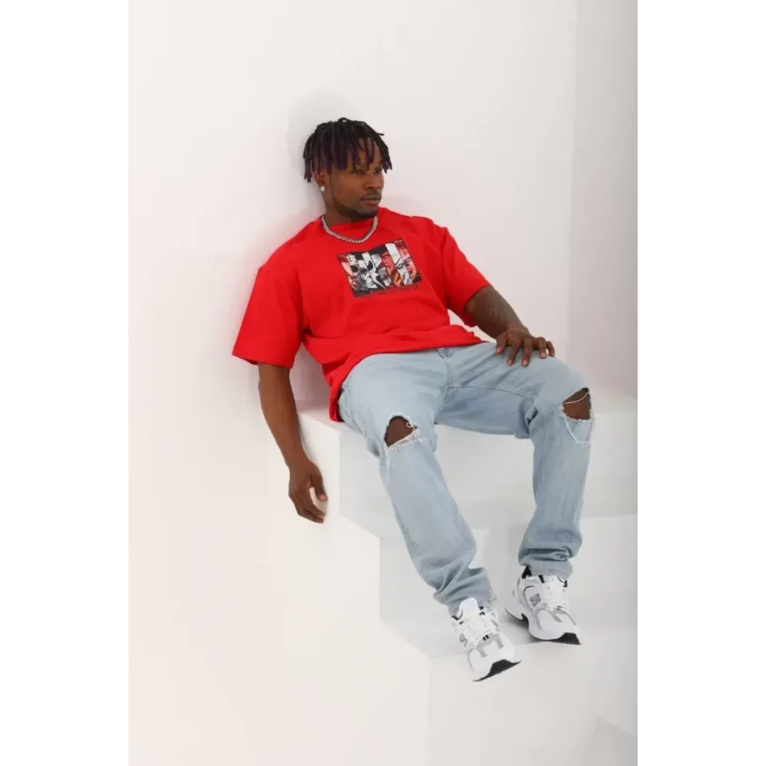 Unisex Oversize Baskılı Bisiklet Yaka T-Shirt - Kırmızı - 93318 Unisex Oversize Baskılı Bisiklet Yaka T-Shirt - Kırmızı - 93318
