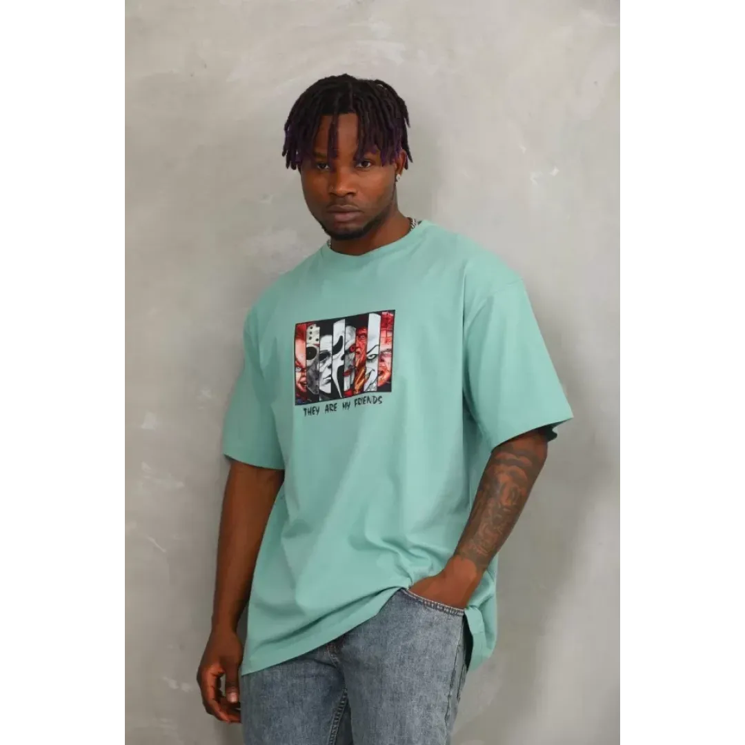Unisex Oversize Baskılı Bisiklet Yaka T-Shirt - Mint Yeşili - 93319 Unisex Oversize Baskılı Bisiklet Yaka T-Shirt - Mint Yeşili - 93319