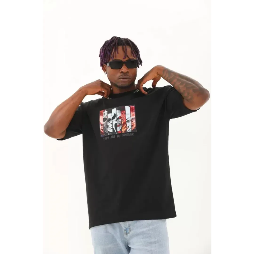 Unisex Oversize Baskılı Bisiklet Yaka T-Shirt - Siyah - 93320 Unisex Oversize Baskılı Bisiklet Yaka T-Shirt - Siyah - 93320