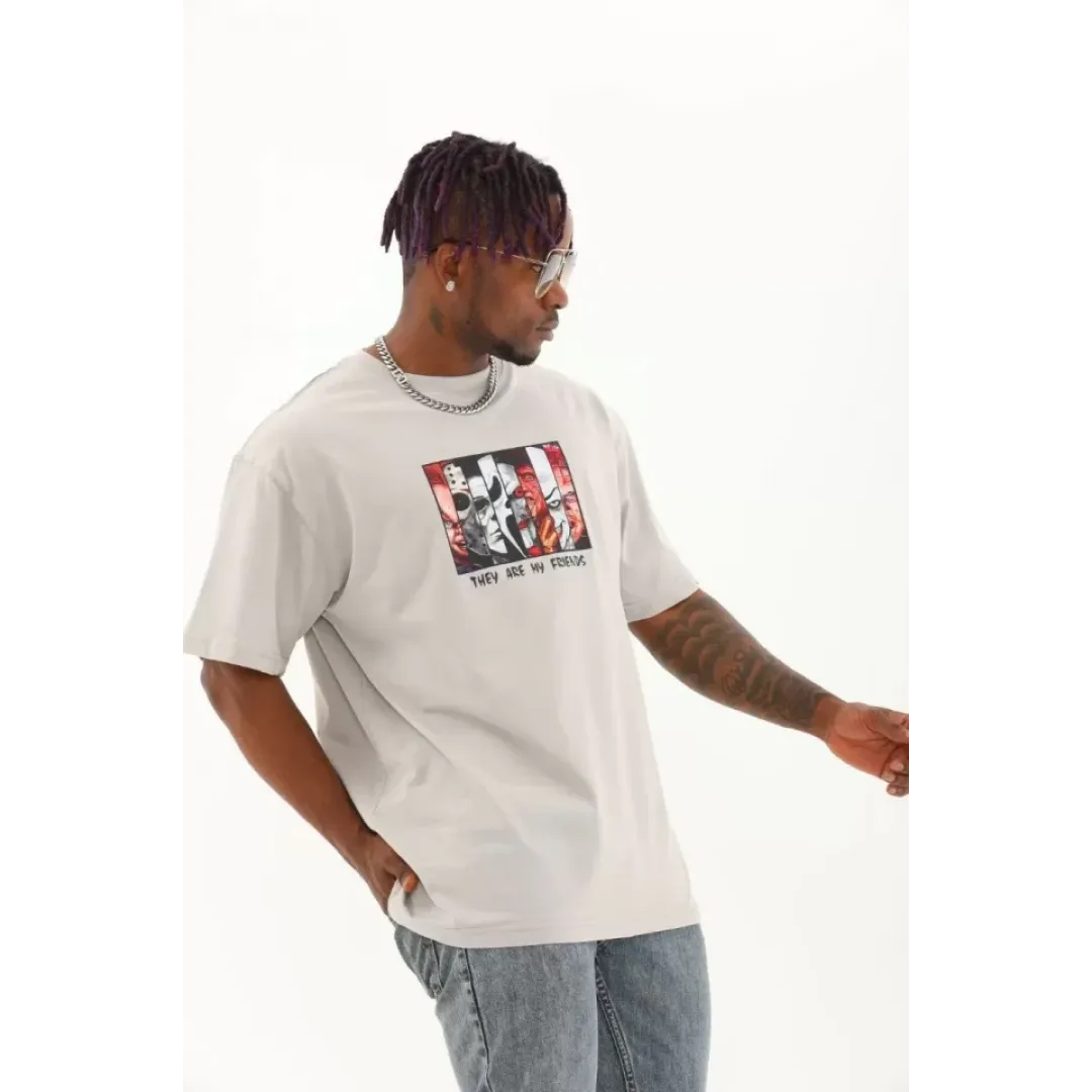 Unisex Oversize Baskılı Bisiklet Yaka T-Shirt - Gri - 93321 Unisex Oversize Baskılı Bisiklet Yaka T-Shirt - Gri - 93321