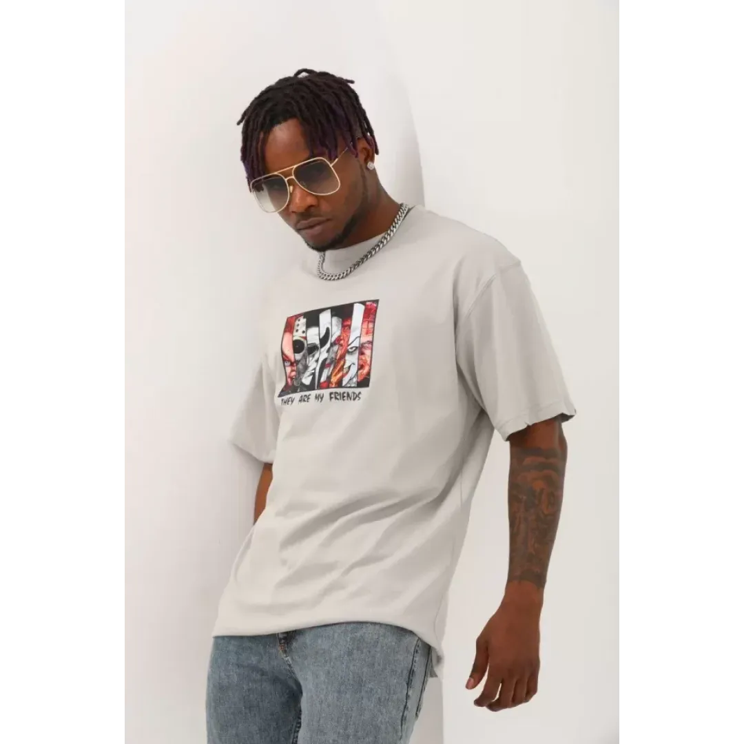 Unisex Oversize Baskılı Bisiklet Yaka T-Shirt - Gri - 93321 Unisex Oversize Baskılı Bisiklet Yaka T-Shirt - Gri - 93321