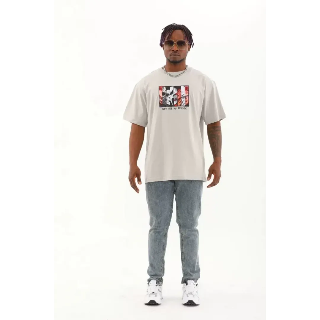 Unisex Oversize Baskılı Bisiklet Yaka T-Shirt - Gri - 93321 Unisex Oversize Baskılı Bisiklet Yaka T-Shirt - Gri - 93321