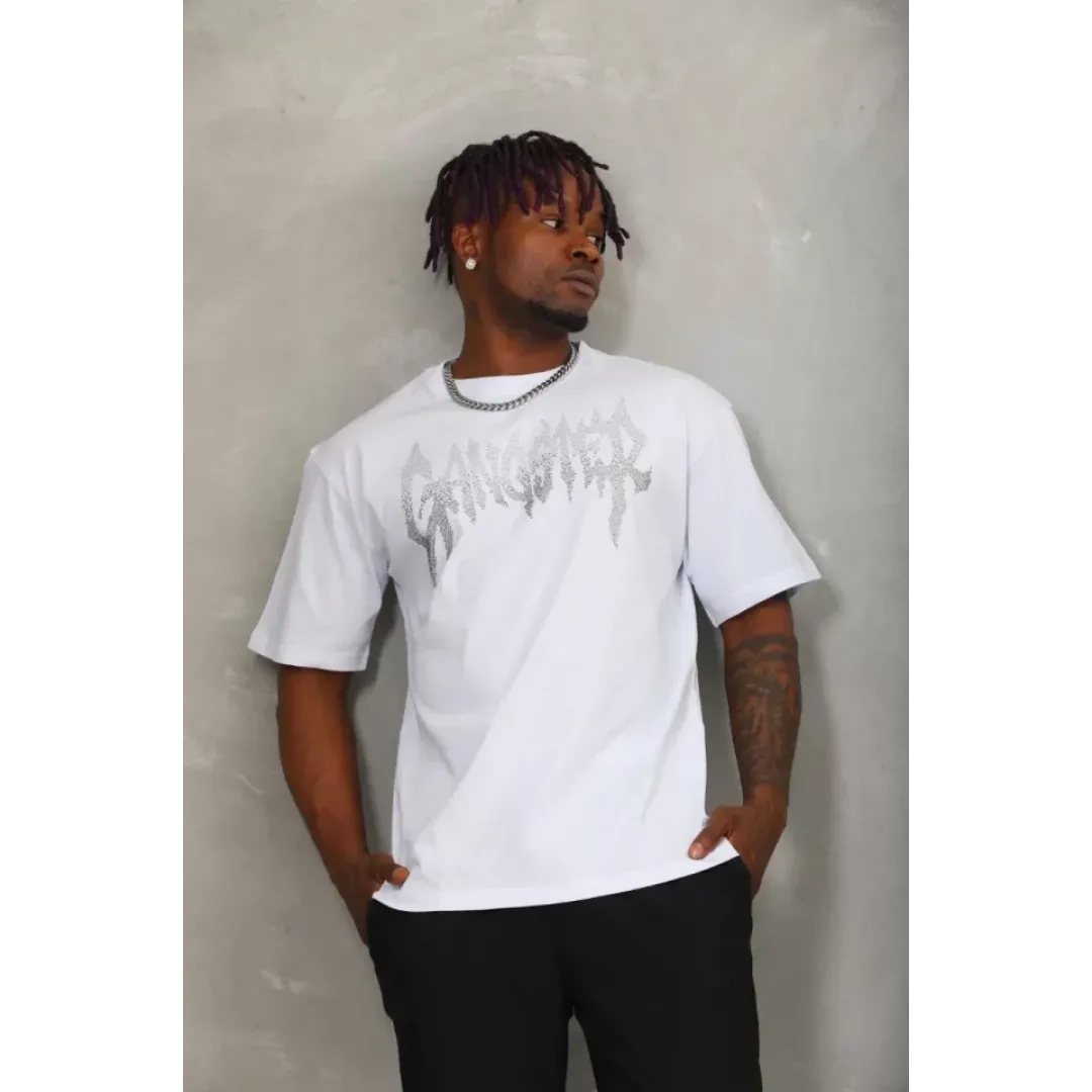 Unisex Oversize Taşlı Bisiklet Yaka T-Shirt - Beyaz - 93323