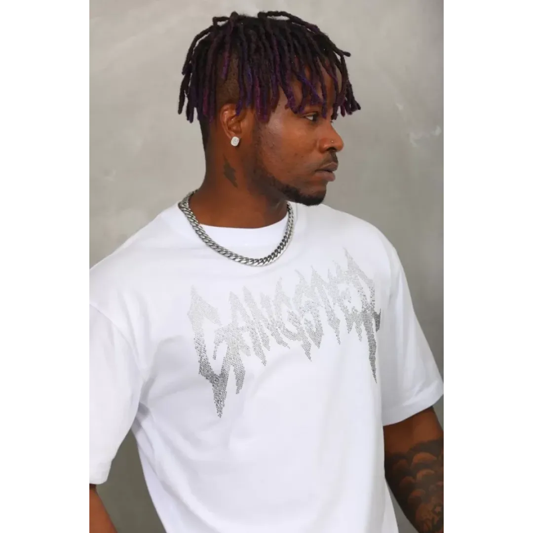 Unisex Oversize Taşlı Bisiklet Yaka T-Shirt - Beyaz - 93323