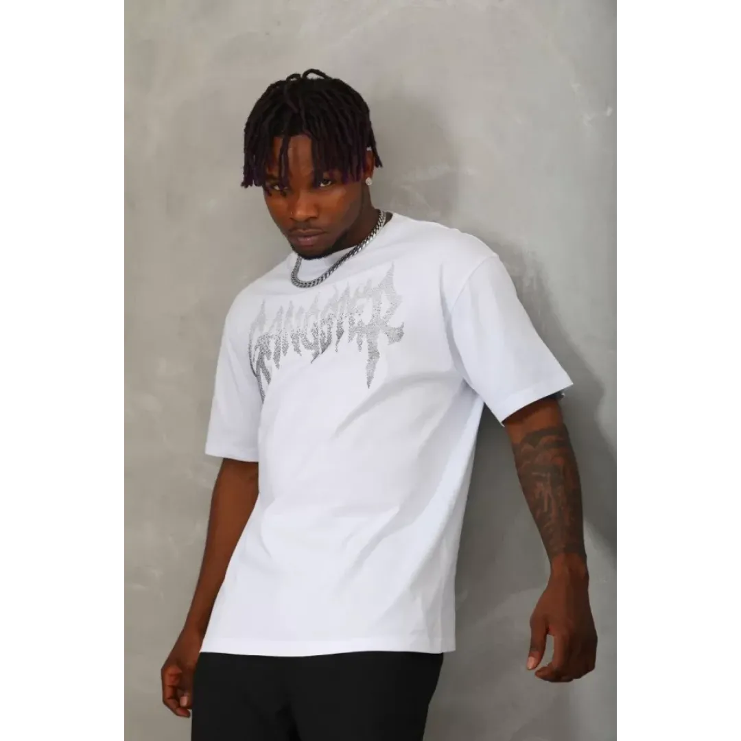 Unisex Oversize Taşlı Bisiklet Yaka T-Shirt - Beyaz - 93323