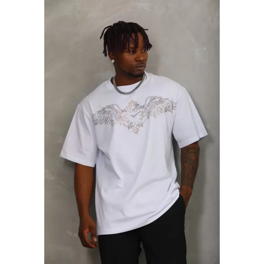 Unisex Oversize Taşlı Bisiklet Yaka T-Shirt - Beyaz - 93326 Unisex Oversize Taşlı Bisiklet Yaka T-Shirt - Beyaz - 93326
