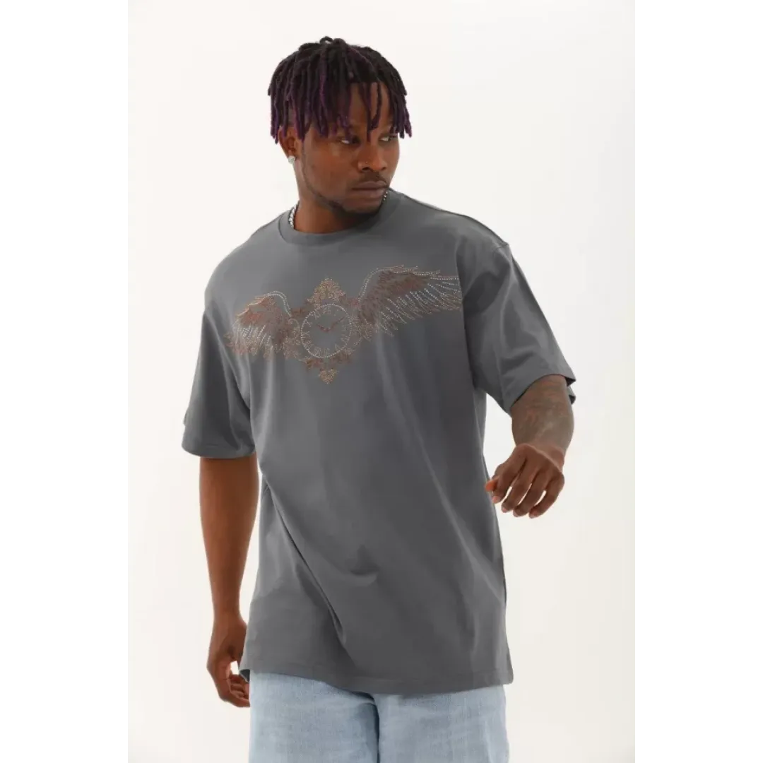 Unisex Oversize Taşlı Bisiklet Yaka T-Shirt - Füme - 93327 Unisex Oversize Taşlı Bisiklet Yaka T-Shirt - Füme - 93327