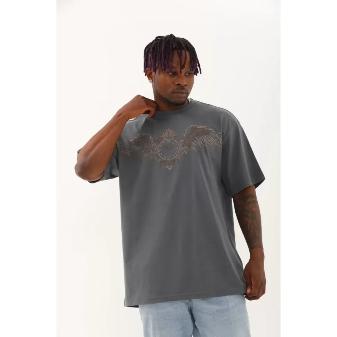 Unisex Oversize Taşlı Bisiklet Yaka T-Shirt - Füme - 93327 Unisex Oversize Taşlı Bisiklet Yaka T-Shirt - Füme - 93327