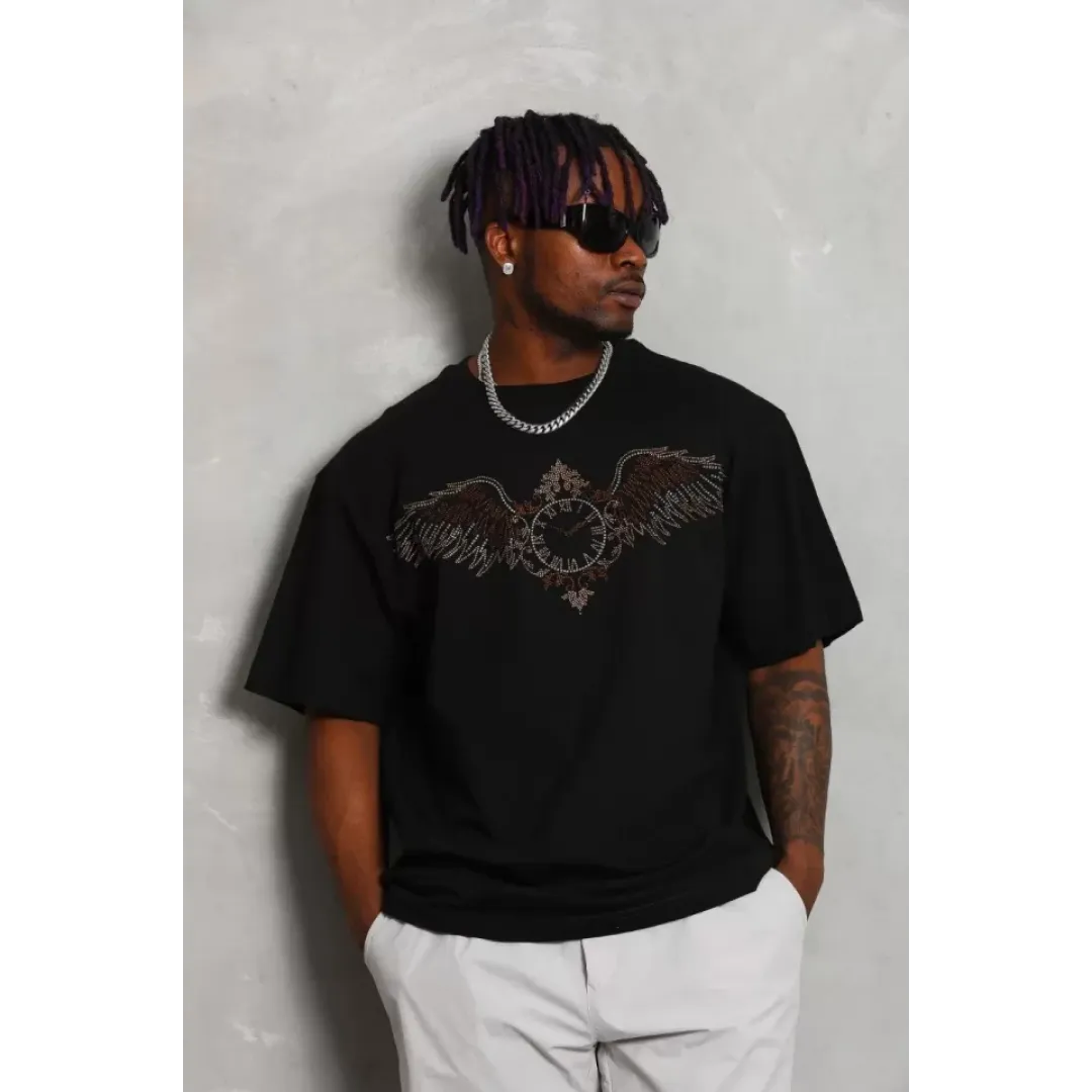Unisex Oversize Taşlı Bisiklet Yaka T-Shirt - Siyah - 93328 Unisex Oversize Taşlı Bisiklet Yaka T-Shirt - Siyah - 93328