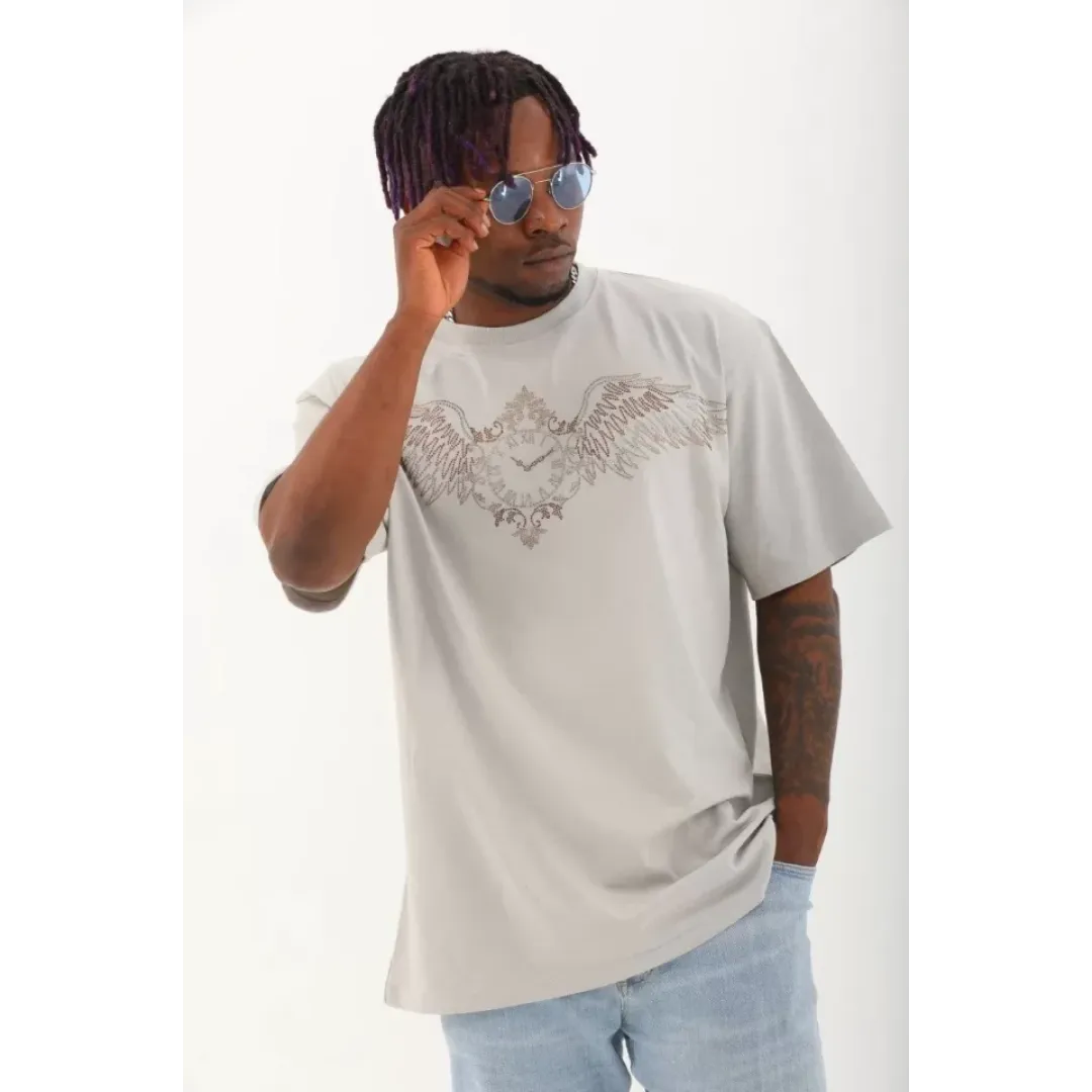 Unisex Oversize Taşlı Bisiklet Yaka T-Shirt - Gri - 93329 Unisex Oversize Taşlı Bisiklet Yaka T-Shirt - Gri - 93329