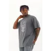 Unisex Oversize Taşlı Bisiklet Yaka T-Shirt - Füme - 93330