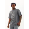 Unisex Oversize Taşlı Bisiklet Yaka T-Shirt - Füme - 93330