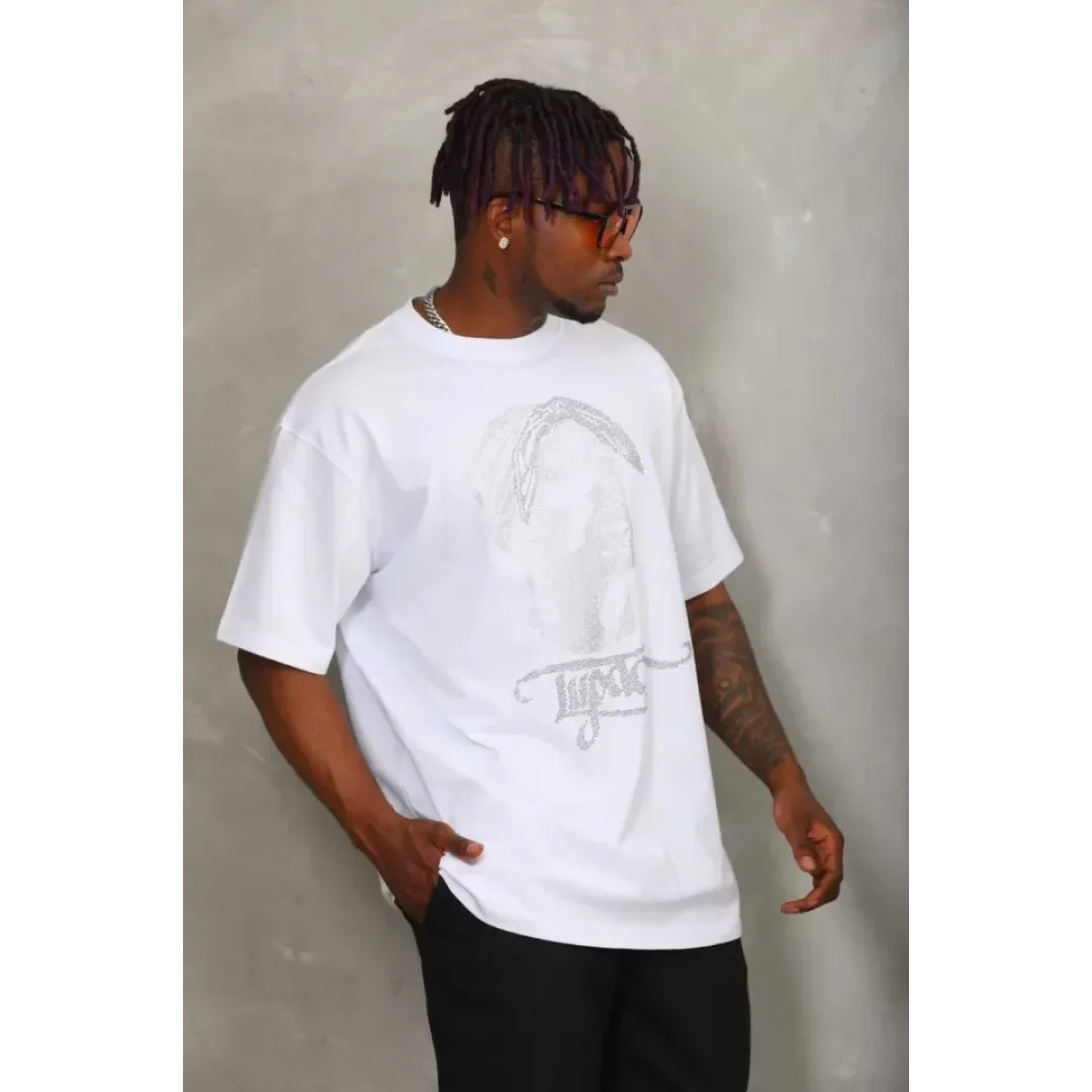 Unisex Oversize Taşlı Bisiklet Yaka T-Shirt - Beyaz - 93331 Unisex Oversize Taşlı Bisiklet Yaka T-Shirt - Beyaz - 93331