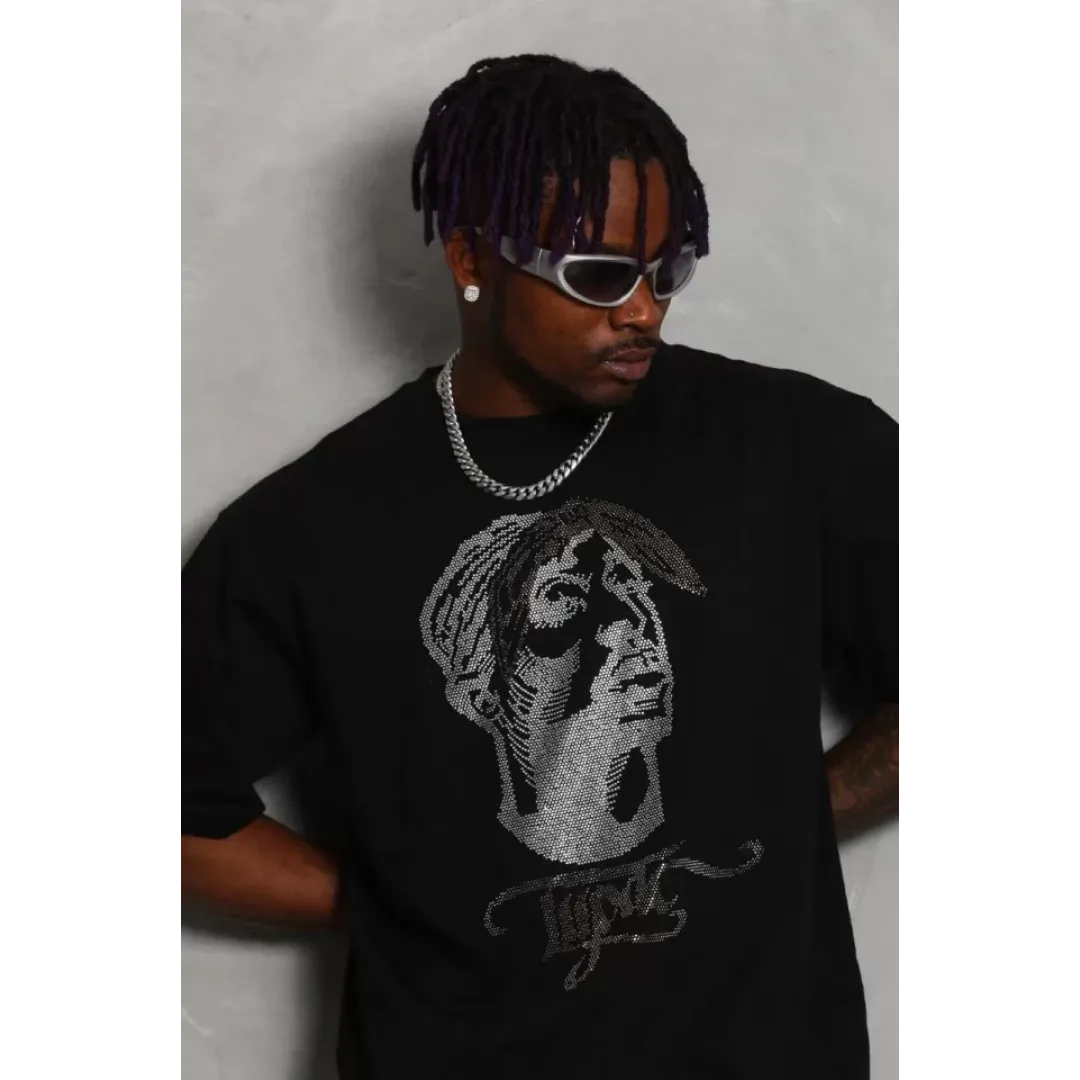 Unisex Oversize Taşlı Bisiklet Yaka T-Shirt - Siyah - 93332 Unisex Oversize Taşlı Bisiklet Yaka T-Shirt - Siyah - 93332
