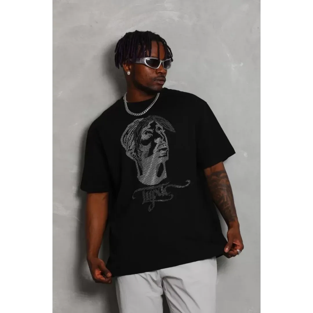 Unisex Oversize Taşlı Bisiklet Yaka T-Shirt - Siyah - 93332 Unisex Oversize Taşlı Bisiklet Yaka T-Shirt - Siyah - 93332