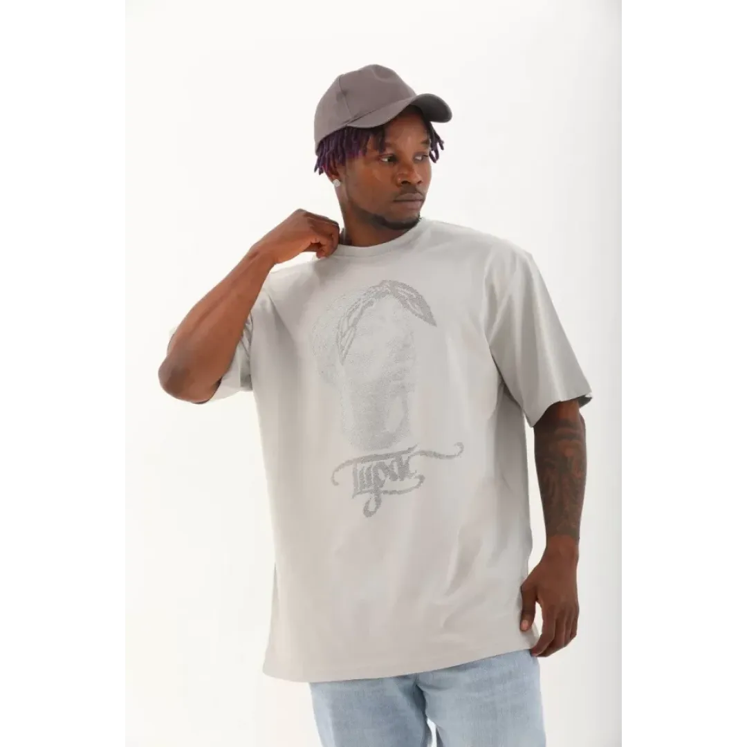 Unisex Oversize Taşlı Bisiklet Yaka T-Shirt - Gri - 93333 Unisex Oversize Taşlı Bisiklet Yaka T-Shirt - Gri - 93333