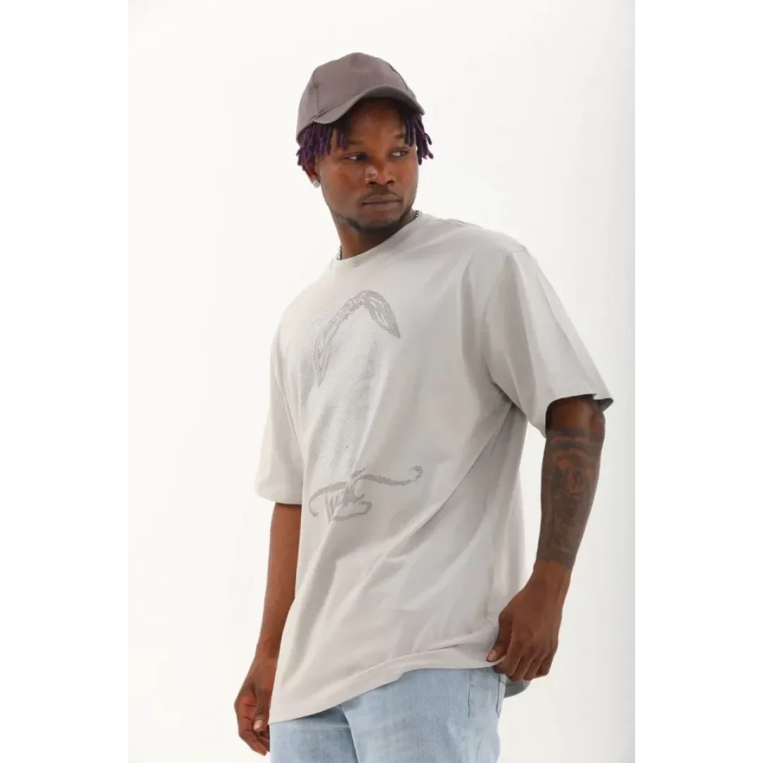 Unisex Oversize Taşlı Bisiklet Yaka T-Shirt - Gri - 93333 Unisex Oversize Taşlı Bisiklet Yaka T-Shirt - Gri - 93333