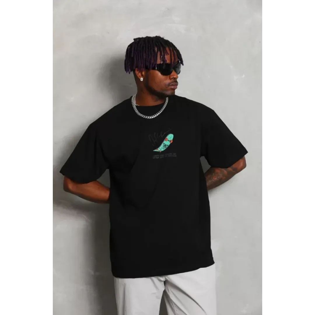 Unisex Oversize Baskılı Bisiklet Yaka T-Shirt - Siyah - 93347