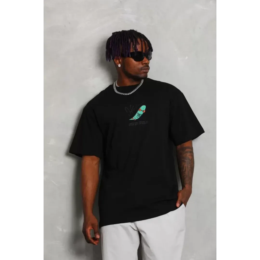 Unisex Oversize Baskılı Bisiklet Yaka T-Shirt - Siyah - 93347