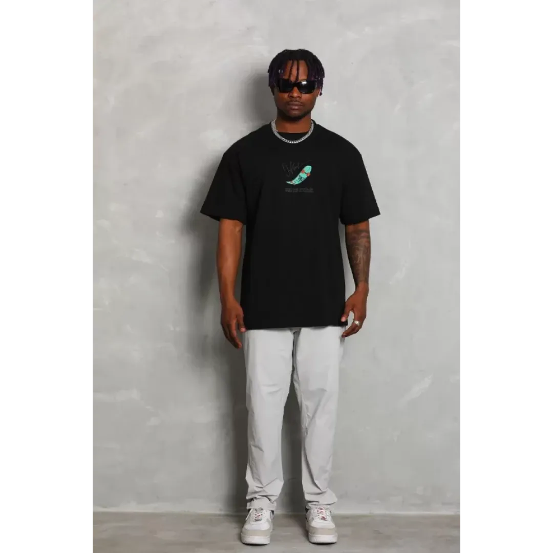 Unisex Oversize Baskılı Bisiklet Yaka T-Shirt - Siyah - 93347