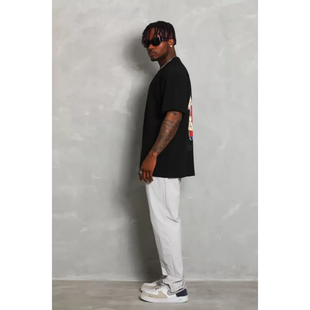 Unisex Oversize Baskılı Bisiklet Yaka T-Shirt - Siyah - 93347