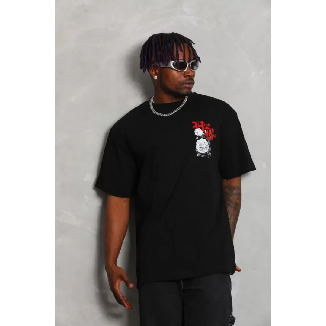 Unisex Oversize Baskılı Bisiklet Yaka T-Shirt - Siyah - 93348 Unisex Oversize Baskılı Bisiklet Yaka T-Shirt - Siyah - 93348