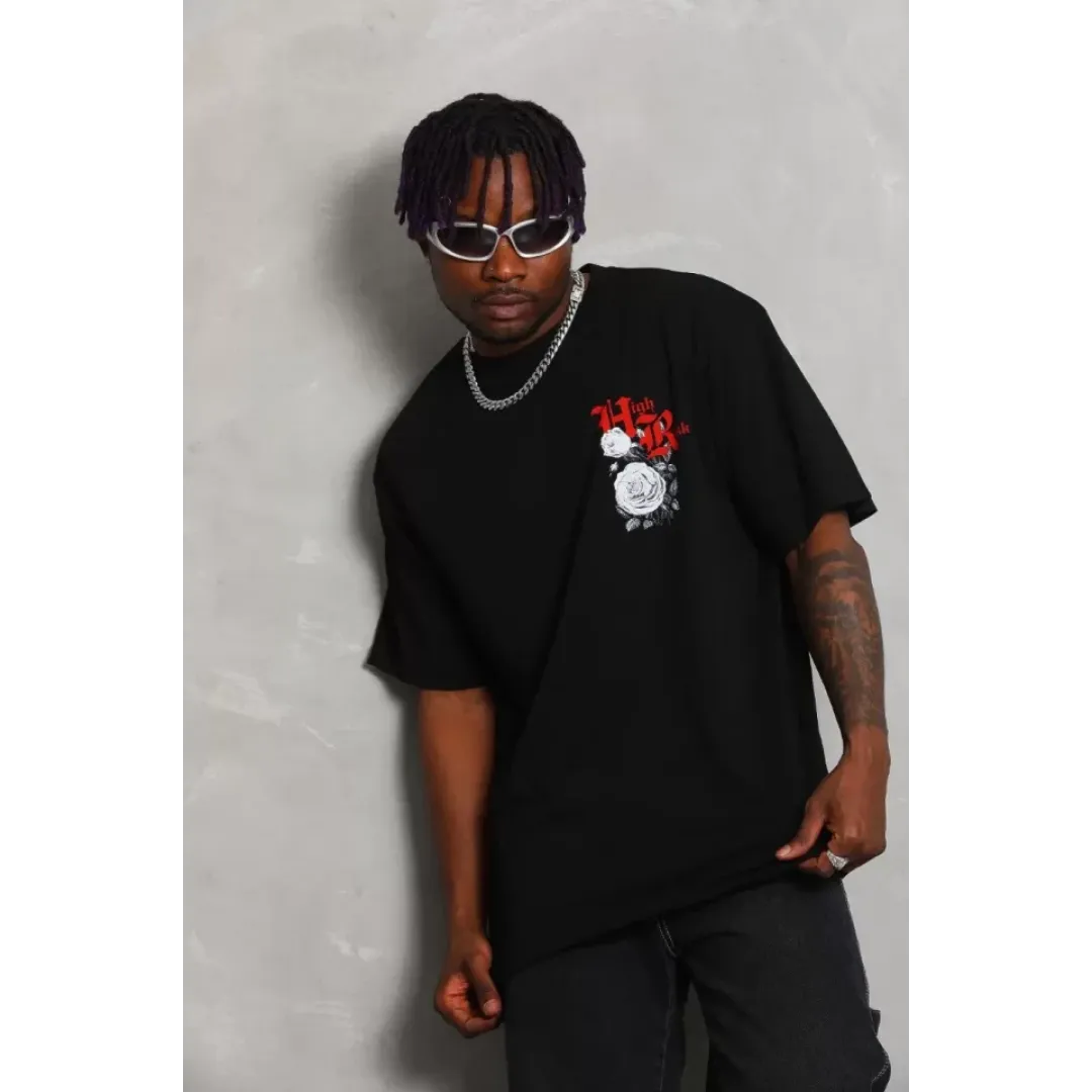 Unisex Oversize Baskılı Bisiklet Yaka T-Shirt - Siyah - 93348 Unisex Oversize Baskılı Bisiklet Yaka T-Shirt - Siyah - 93348
