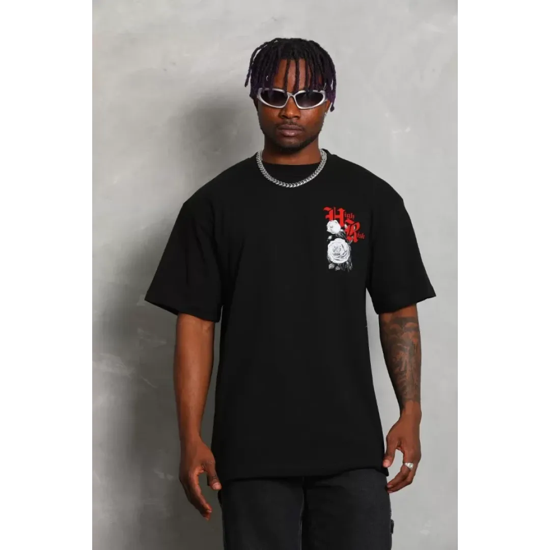 Unisex Oversize Baskılı Bisiklet Yaka T-Shirt - Siyah - 93348 Unisex Oversize Baskılı Bisiklet Yaka T-Shirt - Siyah - 93348
