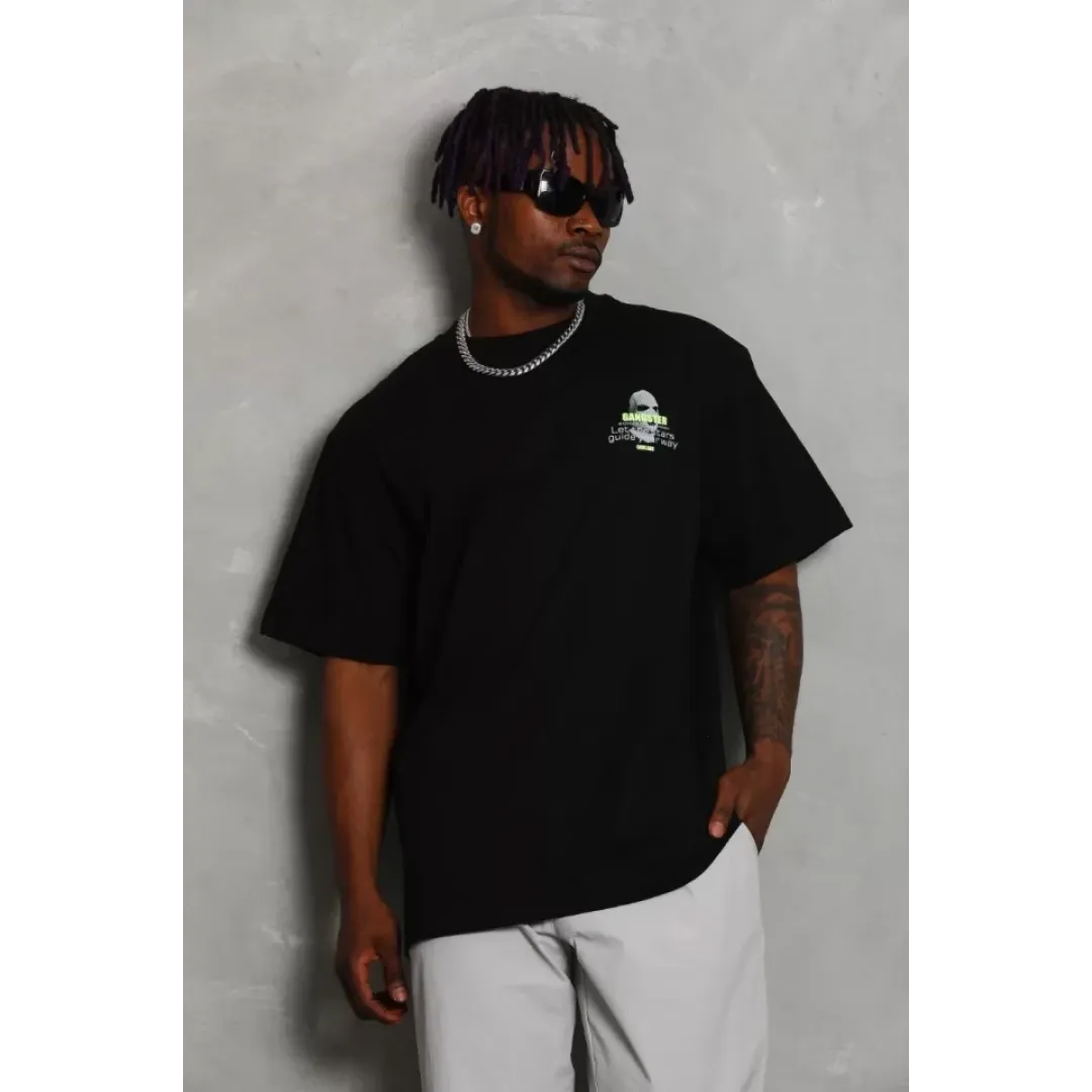 Unisex Oversize Baskılı Bisiklet Yaka T-Shirt - Siyah - 93349