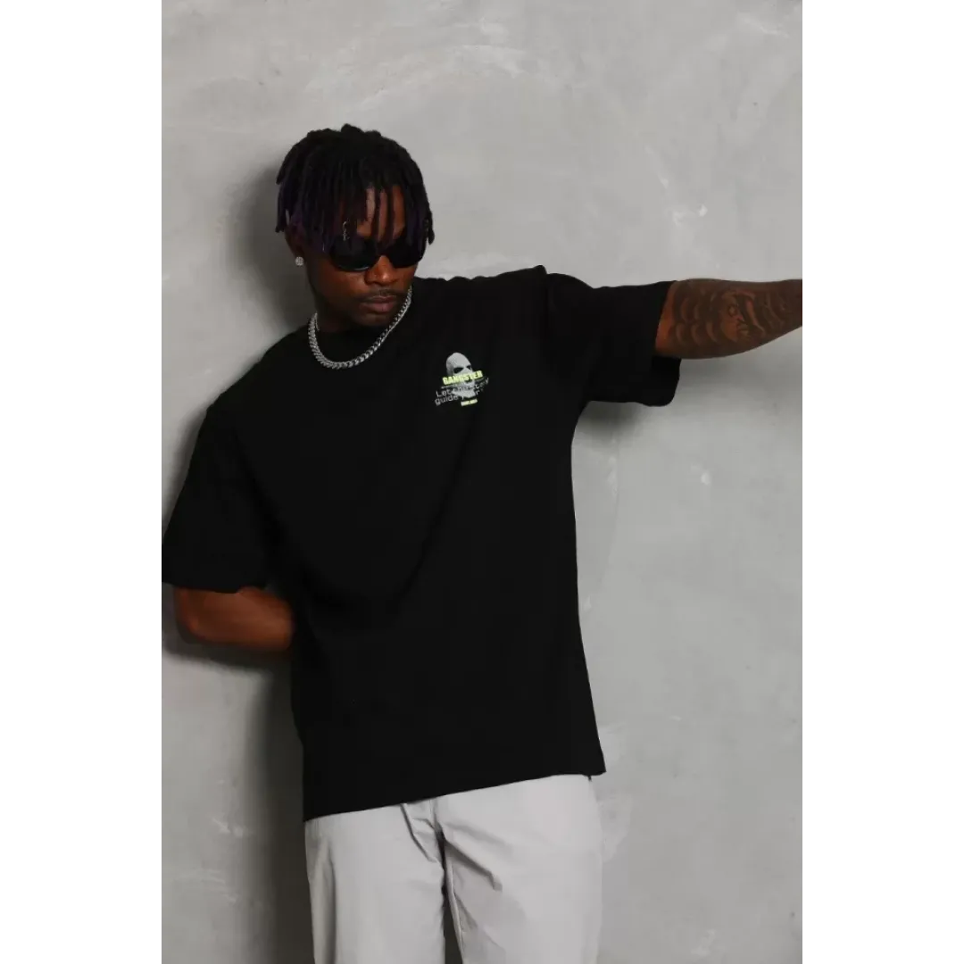 Unisex Oversize Baskılı Bisiklet Yaka T-Shirt - Siyah - 93349