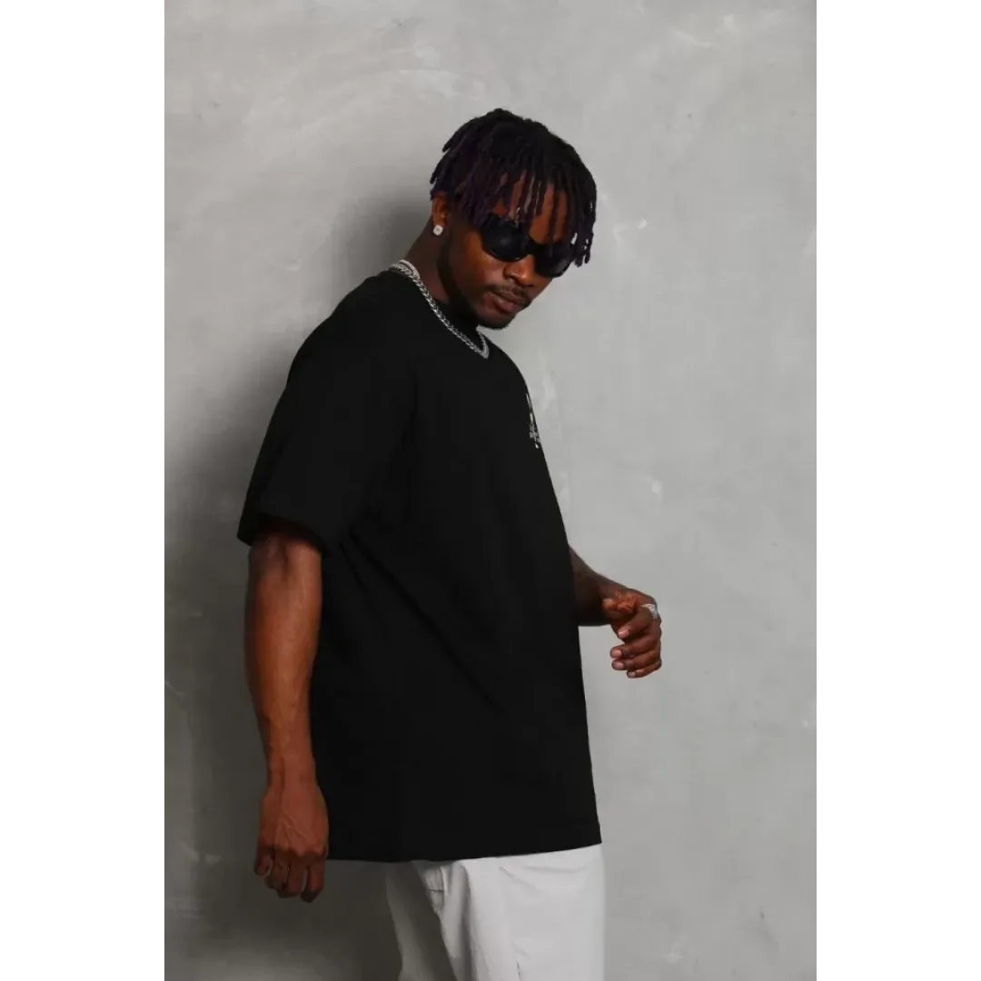 Unisex Oversize Baskılı Bisiklet Yaka T-Shirt - Siyah - 93349