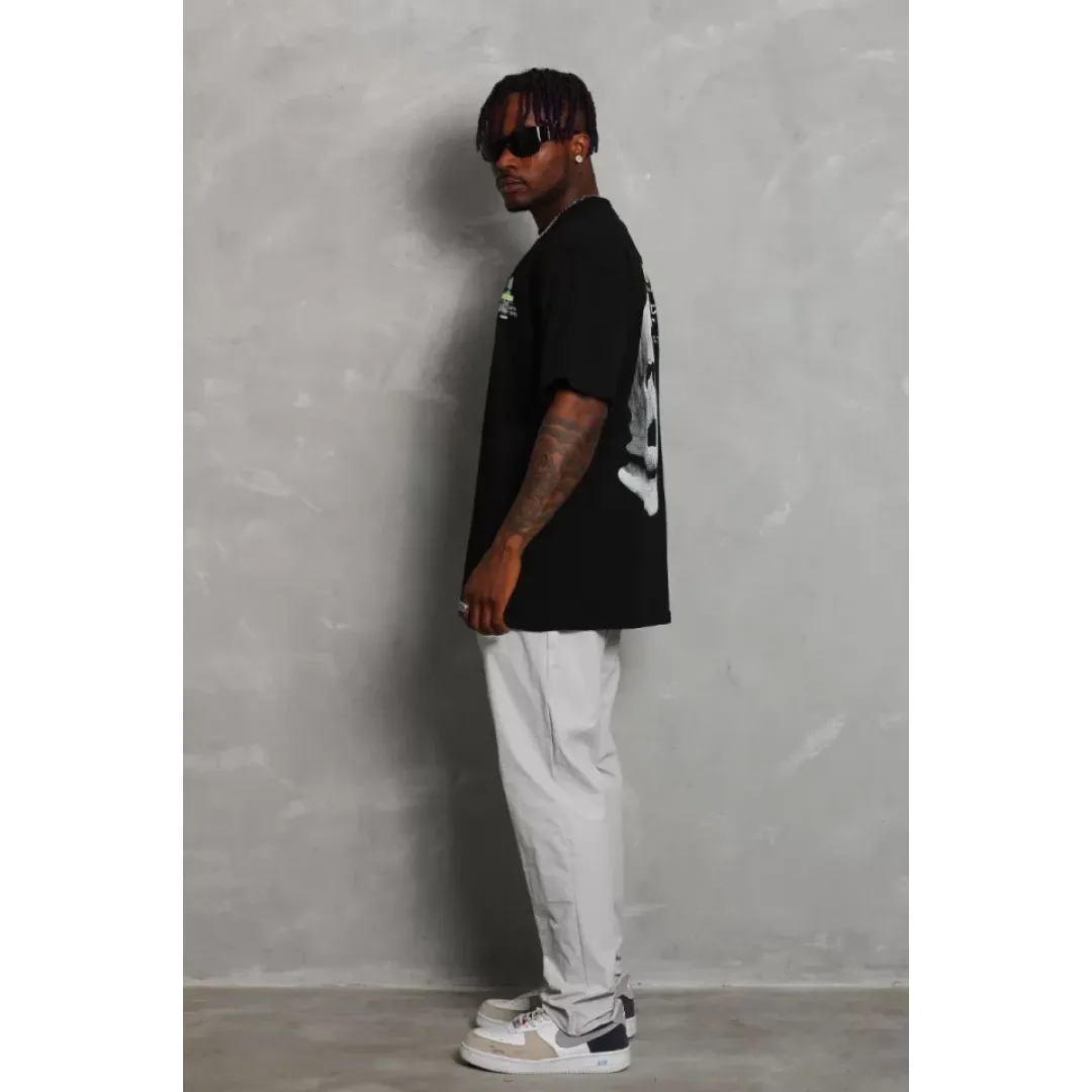 Unisex Oversize Baskılı Bisiklet Yaka T-Shirt - Siyah - 93349