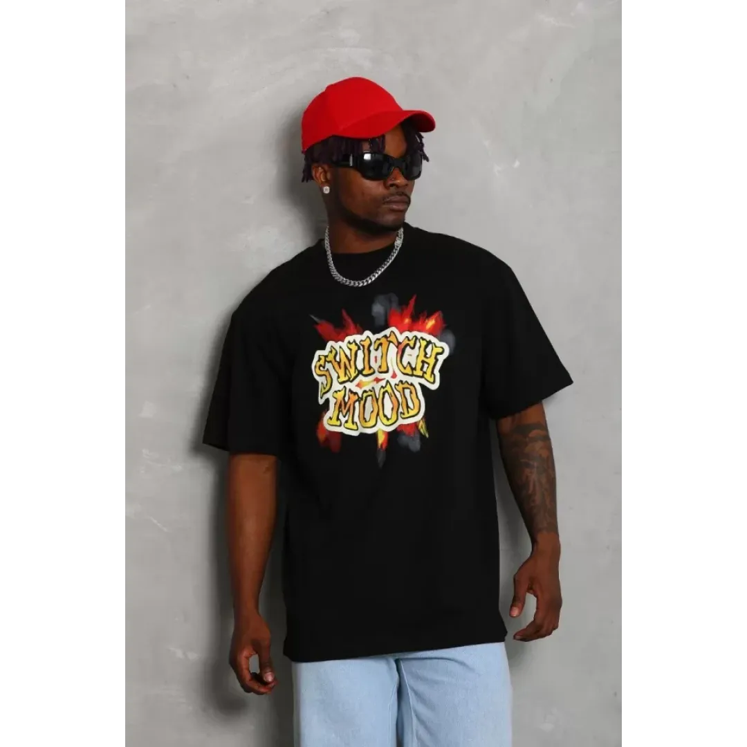 Unisex Oversize Baskılı Bisiklet Yaka T-Shirt - Siyah - 93350 Unisex Oversize Baskılı Bisiklet Yaka T-Shirt - Siyah - 93350