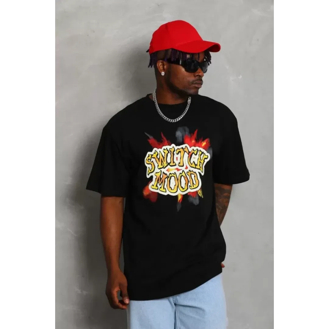 Unisex Oversize Baskılı Bisiklet Yaka T-Shirt - Siyah - 93350 Unisex Oversize Baskılı Bisiklet Yaka T-Shirt - Siyah - 93350