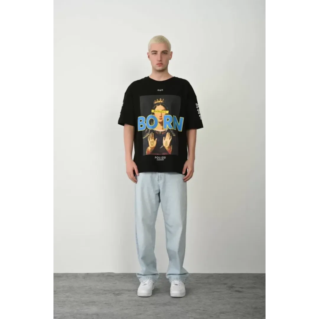 Unisex Baskılı Bisiklet Yaka Oversize T-Shirt - Siyah - 93376 Unisex Baskılı Bisiklet Yaka Oversize T-Shirt - Siyah - 93376