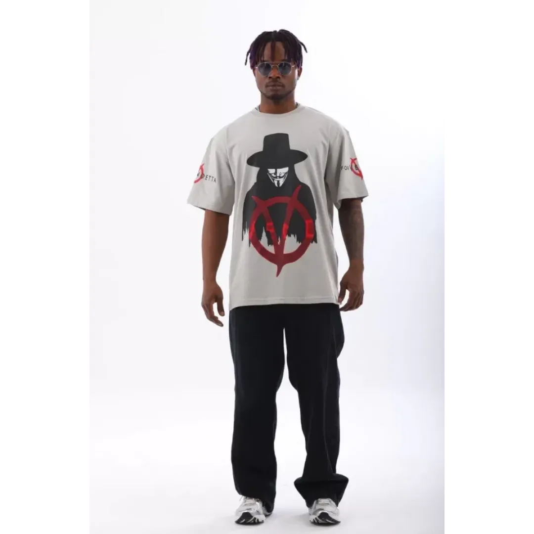 Unisex Oversize Baskılı Bisiklet Yaka T-Shirt - Gri - 93519