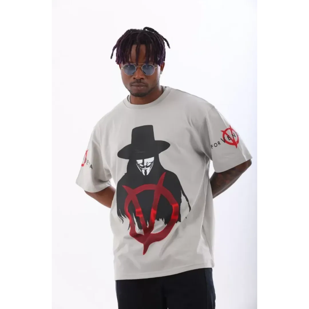 Unisex Oversize Baskılı Bisiklet Yaka T-Shirt - Gri - 93519