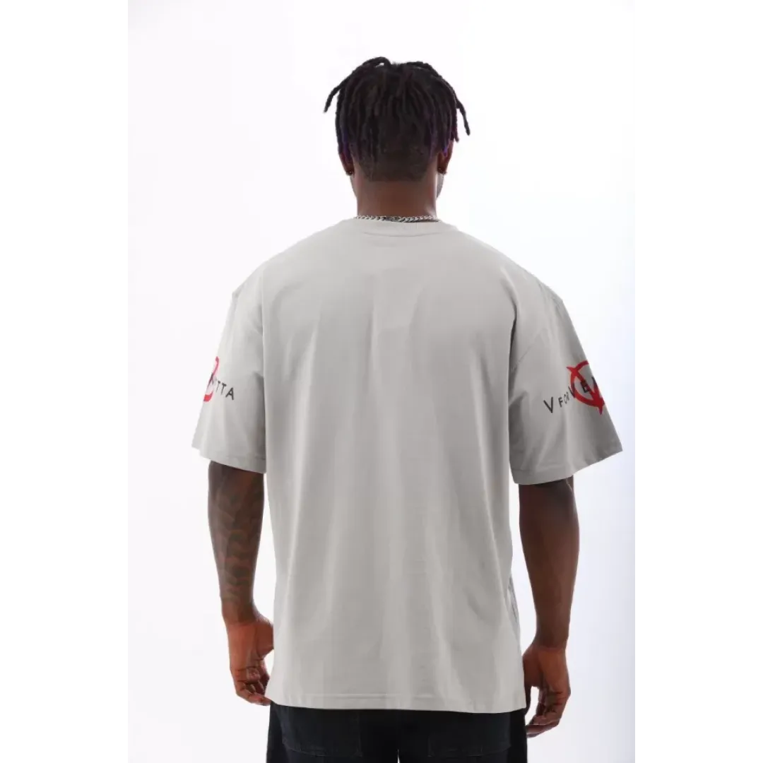 Unisex Oversize Baskılı Bisiklet Yaka T-Shirt - Gri - 93519