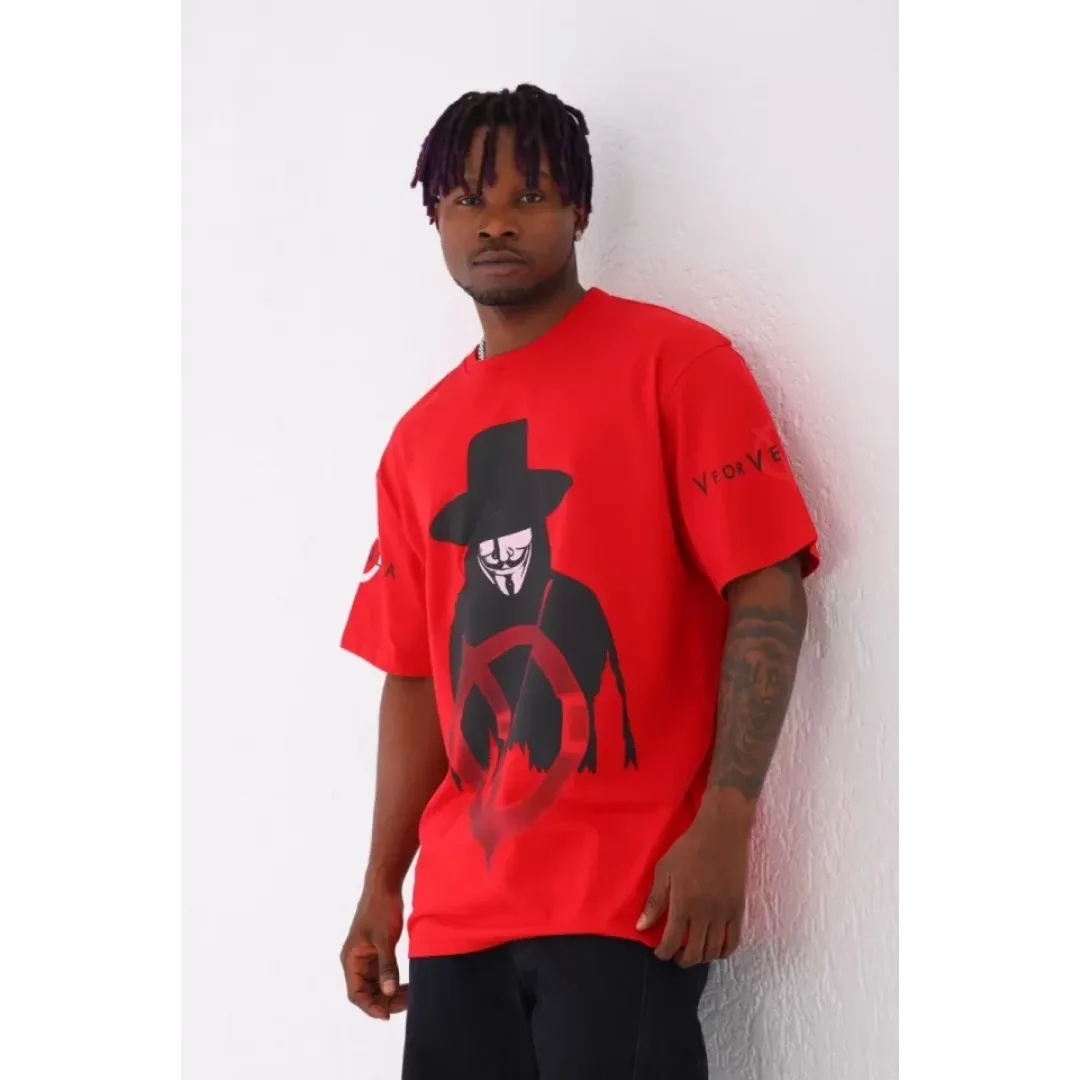 Unisex Oversize Baskılı Bisiklet Yaka T-Shirt - Kırmızı - 93520 Unisex Oversize Baskılı Bisiklet Yaka T-Shirt - Kırmızı - 93520