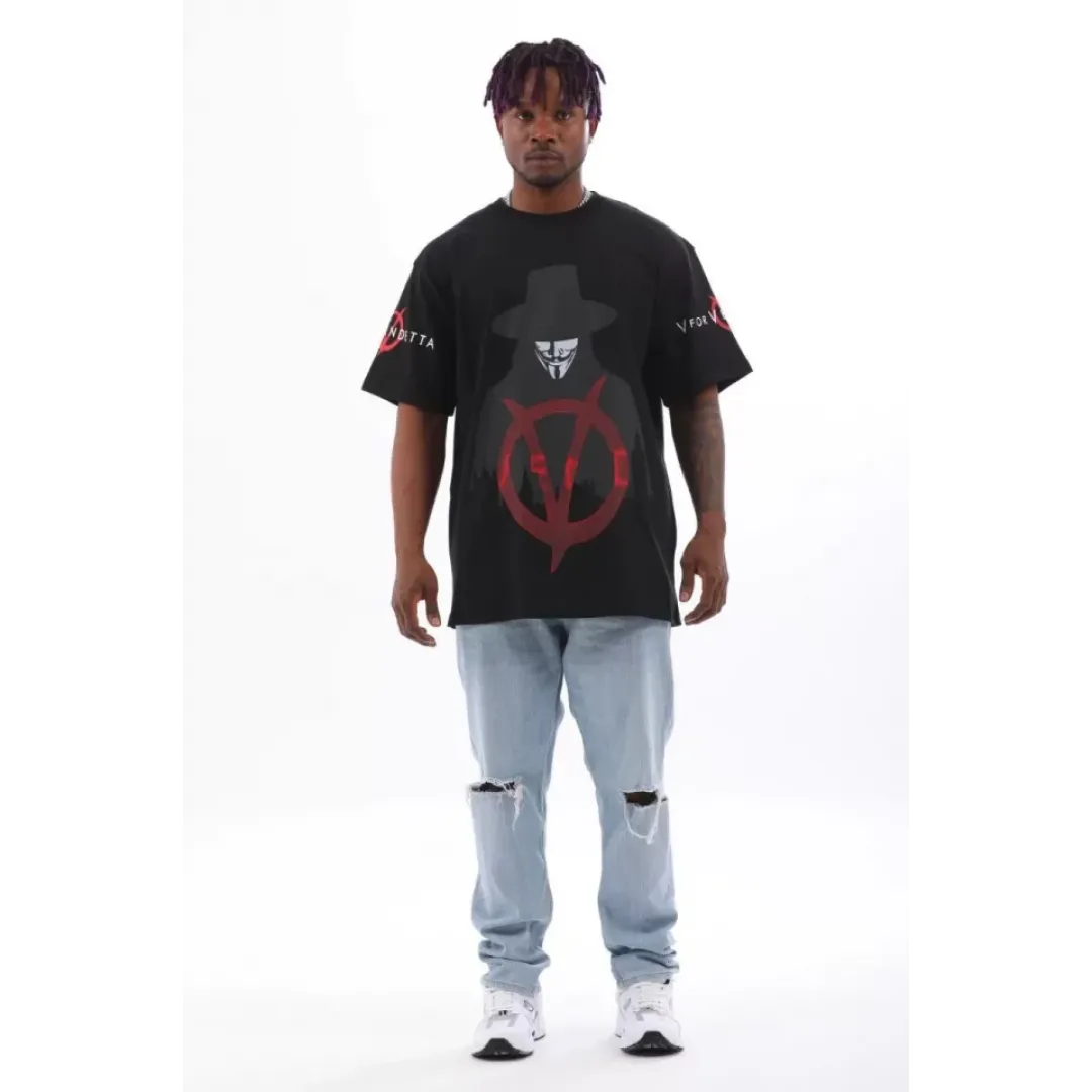 Unisex Oversize Baskılı Bisiklet Yaka T-Shirt - Siyah - 93521