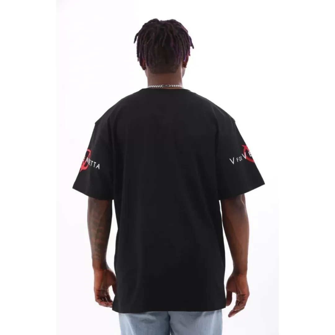 Unisex Oversize Baskılı Bisiklet Yaka T-Shirt - Siyah - 93521
