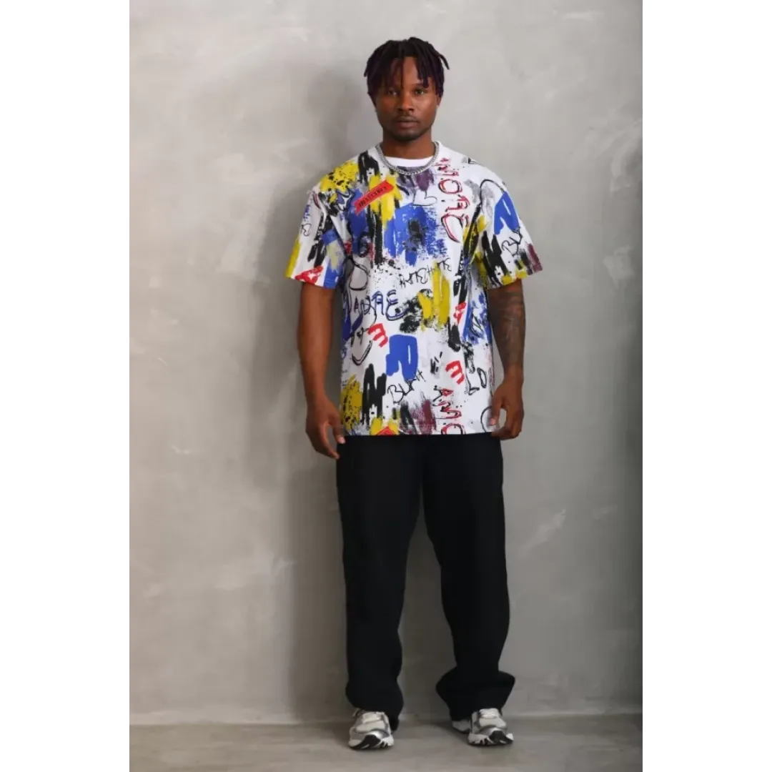 Unisex Oversize Baskılı Bisiklet Yaka T-Shirt - Beyaz - 93527 Unisex Oversize Baskılı Bisiklet Yaka T-Shirt - Beyaz - 93527