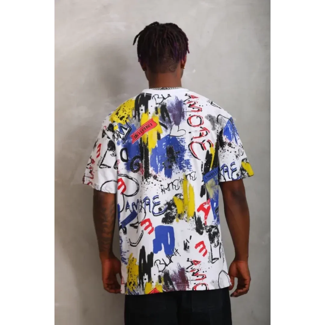 Unisex Oversize Baskılı Bisiklet Yaka T-Shirt - Beyaz - 93527 Unisex Oversize Baskılı Bisiklet Yaka T-Shirt - Beyaz - 93527