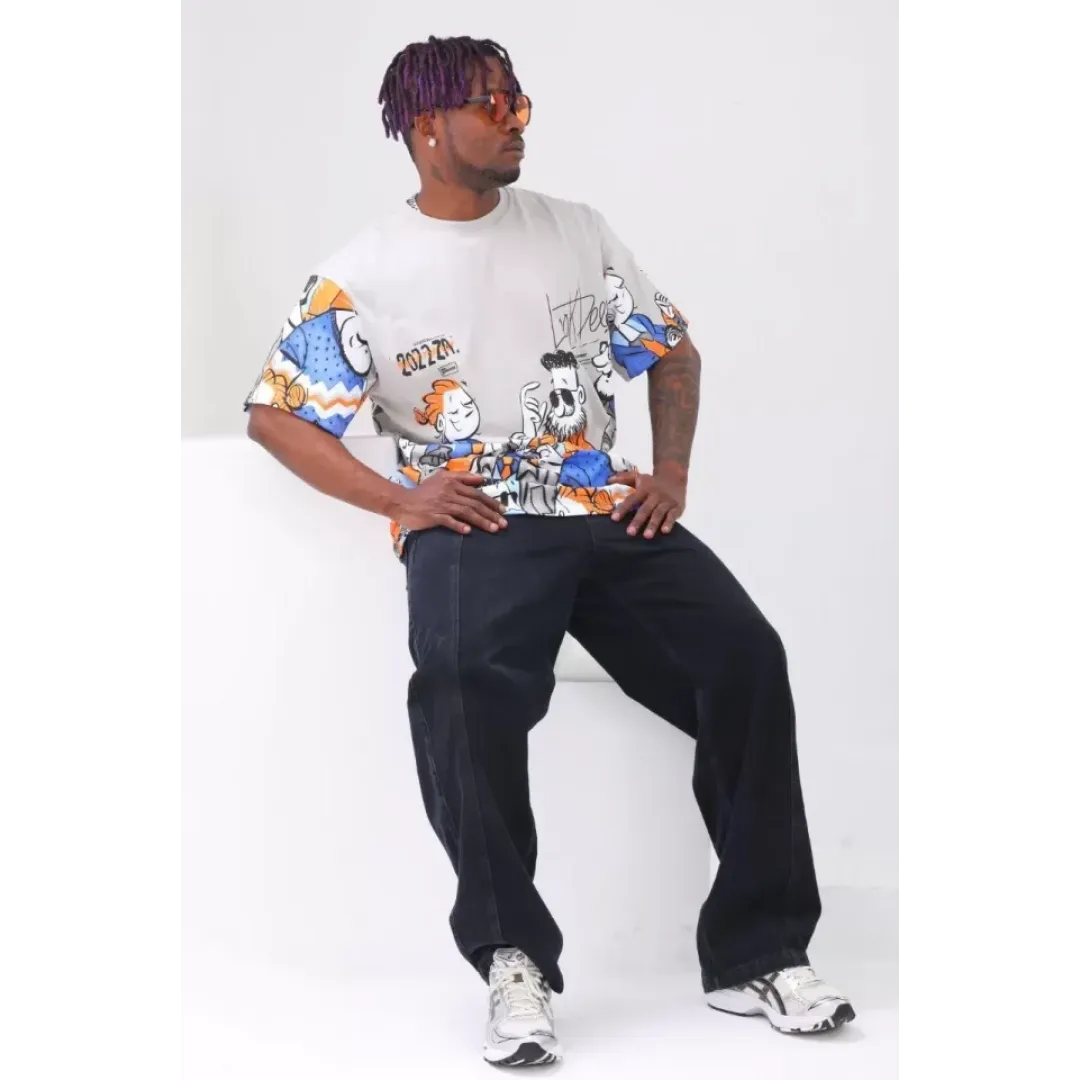 Unisex Oversize Baskılı Bisiklet Yaka T-Shirt - Gri - 93529 Unisex Oversize Baskılı Bisiklet Yaka T-Shirt - Gri - 93529