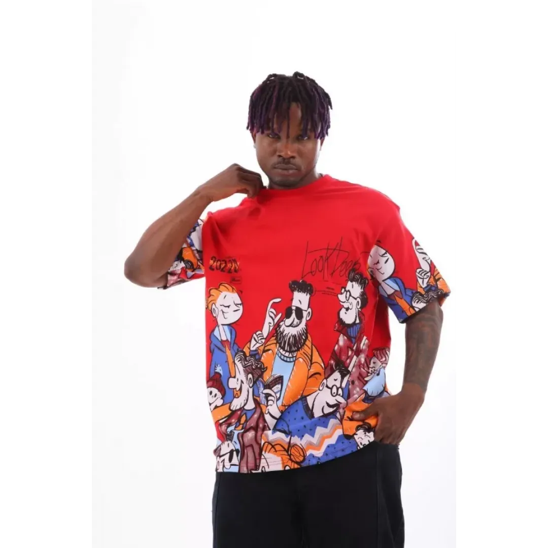 Unisex Oversize Baskılı Bisiklet Yaka T-Shirt - Kırmızı - 93530 Unisex Oversize Baskılı Bisiklet Yaka T-Shirt - Kırmızı - 93530