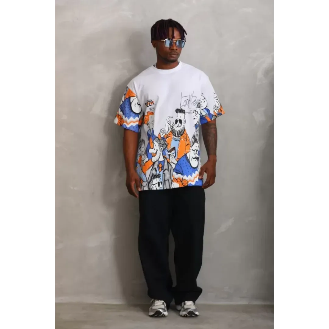 Unisex Oversize Baskılı Bisiklet Yaka T-Shirt - Beyaz - 93532 Unisex Oversize Baskılı Bisiklet Yaka T-Shirt - Beyaz - 93532