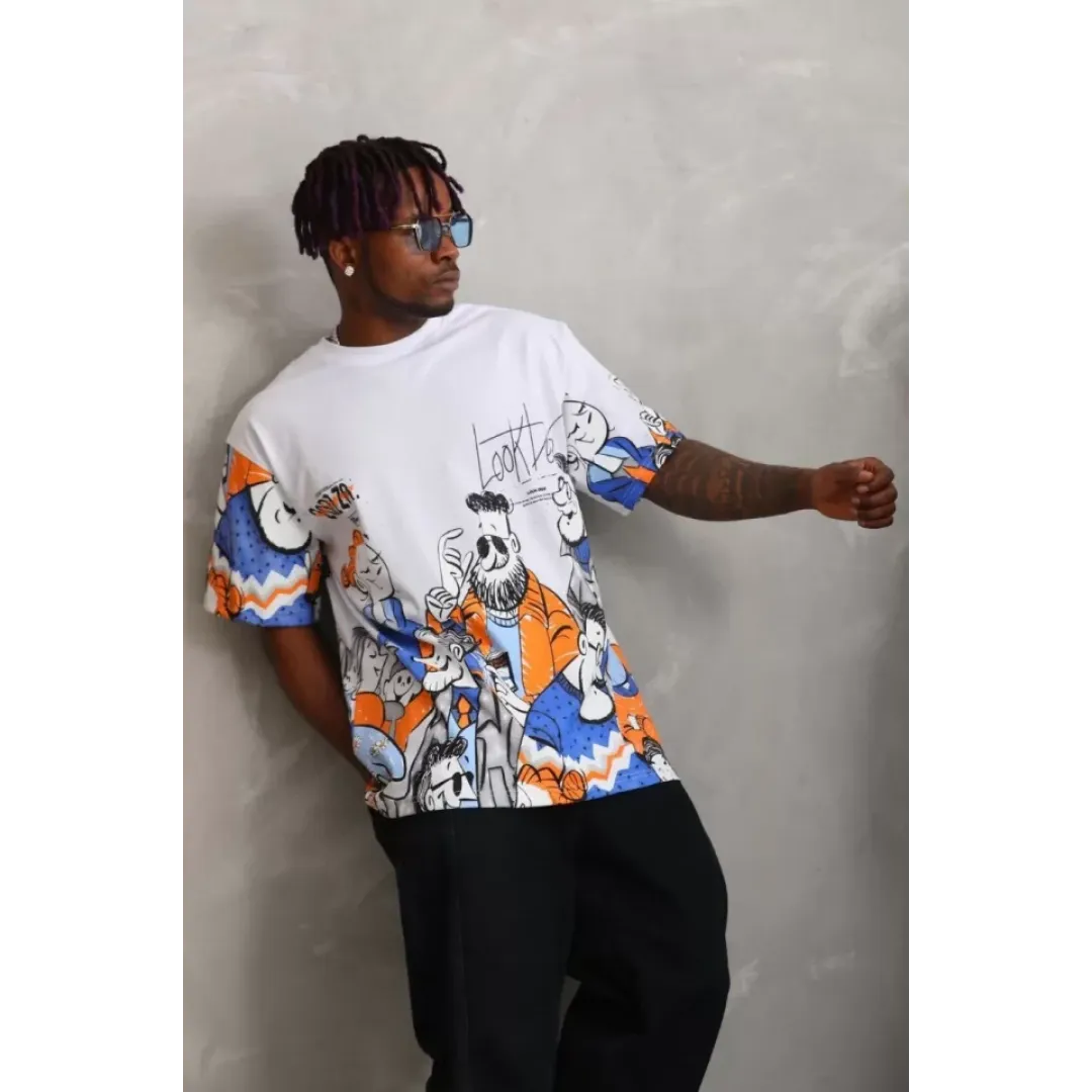 Unisex Oversize Baskılı Bisiklet Yaka T-Shirt - Beyaz - 93532 Unisex Oversize Baskılı Bisiklet Yaka T-Shirt - Beyaz - 93532