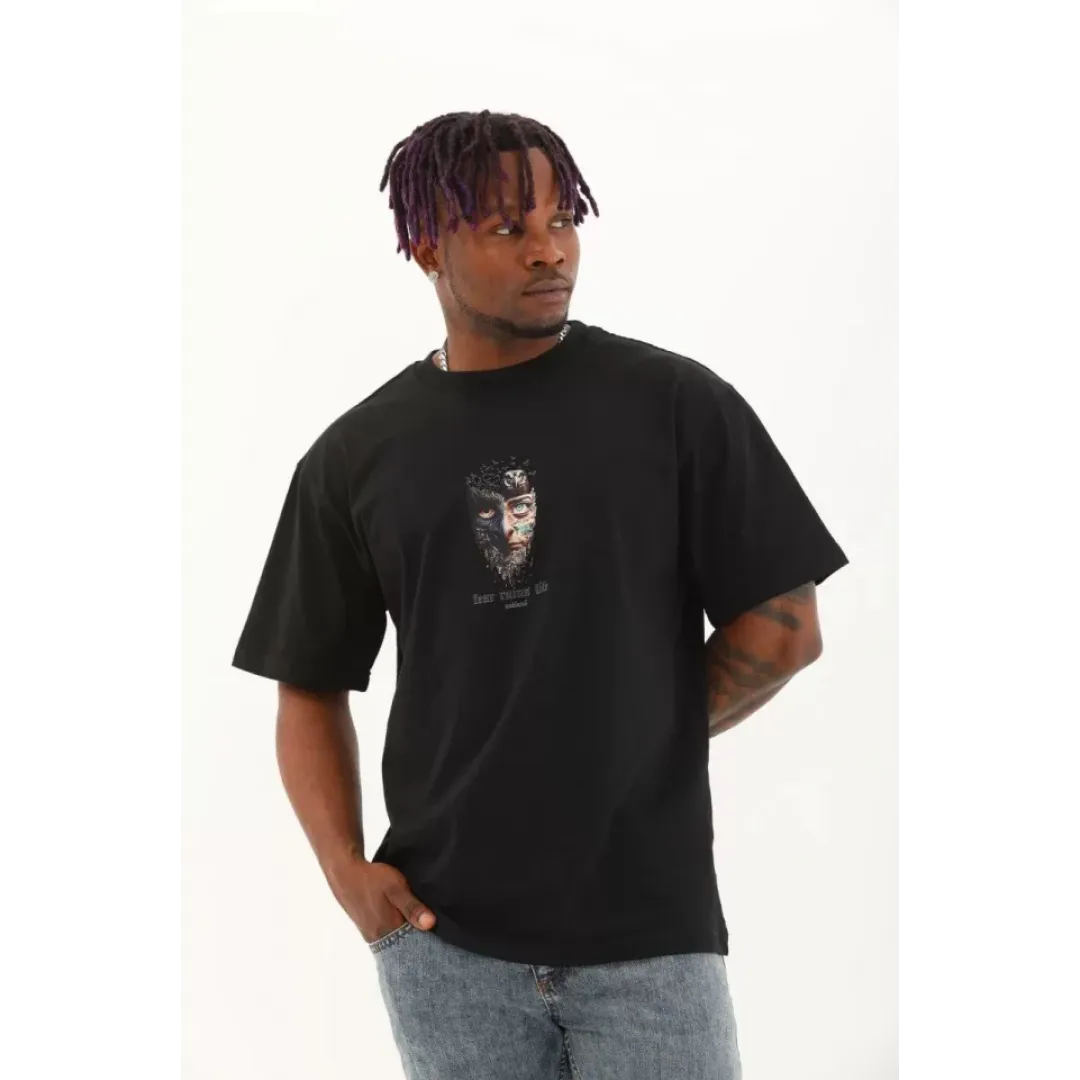 Unisex Oversize Baskılı Bisiklet Yaka T-Shirt - Siyah - 93535