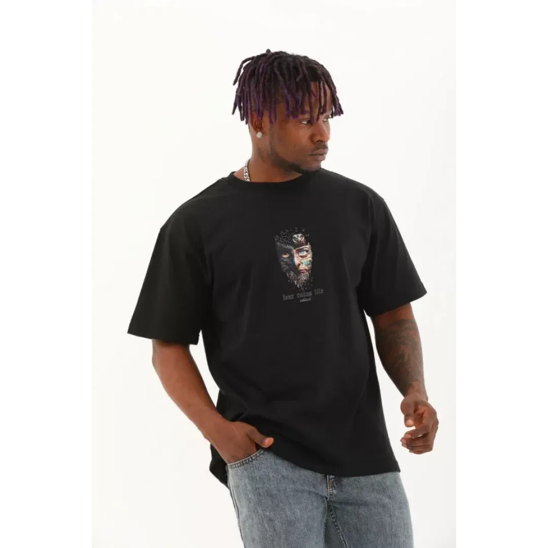 Unisex Oversize Baskılı Bisiklet Yaka T-Shirt - Siyah - 93535